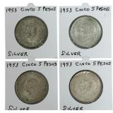(4) 1953 Estados Unidos Mexico Five Peso 72% Silve
