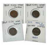 Lot Of Four 1863 Army And Navy Civil War Tokens