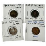 Lot Of Four 1863 Our Flag Our Union Civil War Toke
