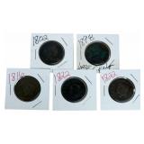 Lot Of Five United States Mixed Date Large Cents