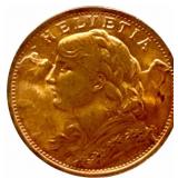 1935-B Swiss 20 Franc 90% Fine Gold Coin
