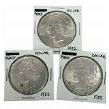 (3) 1922 United States Peace Silver Dollars