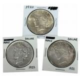 (3) 1922 United States Peace Silver Dollars
