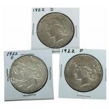 (3) 1922-D United States Peace Silver Dollars