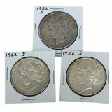 (3) 1922-S United States Peace Silver Dollars