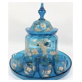Antique Bohemian Moser Blue Glass Enameled Punch S