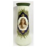 Large Antique Custard Opaline Glass Portrait Vase