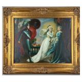 Unsigned Knight In Armor With Two Women Oil On Can