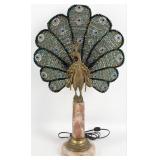 Antique French Bronze & Marble Jeweled Peacock Tab