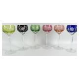 Set Of Six Bohemian Glass Multi-Color Cut-To-Clear