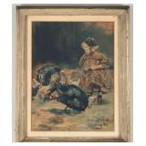 1907 Suhanyi Ono 'Girl With Turkeys' Watercolor