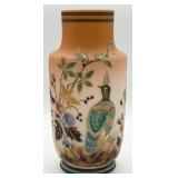 Vintage Peach Satin Glass Enameled Bird Vase