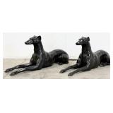 Pair Of Life Size Laying Whippet Dog Bronze Statue