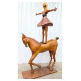 Life-Size Woman Standing On Horse Wood Sculpture B