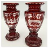 Pair Of Vintage Bohemian Ruby Cut To Clear Crystal