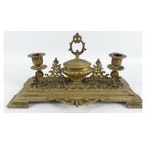 Antique Brass Standish Inkwell With Candleholders