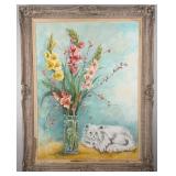 Nelda DeLoach Large Floral Still Life With Cat Oil
