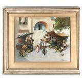 Sergio Albano 'Spanish Market Scene' Oil In Boar