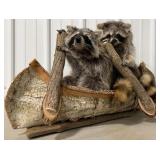 Raccoons in a Birch Bark Canoe Taxidermy