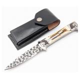 9in Lightning Damascus Stag Handle Switchblade Kni