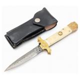 9in Mosaic Damascus Smooth Bone Switchblade Knife