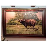 Cape Buffalo Oil on Canvas Painting in Wood Frame