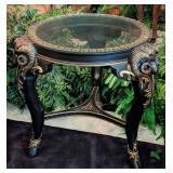 Black and Gold Rams Head Glass Top End Table