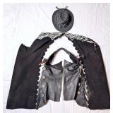 Custom Black Leather Riding Chaps & Barmah Hats Ou