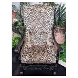 Leopard Print Carved Wood Armchair