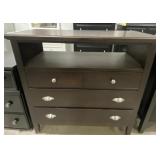 (L) Dark Wood 4 Drawer and Shelf Dresser. 43" x