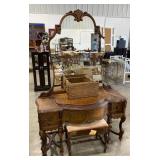 (Q) Vintage Wood Vanity On Wheels W/ Seat.