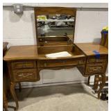 (D) Wooden Makeup vanity with folding mirror. Is