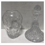 (H) Crystal flower vase and decanter with topper