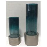 (H) Set of 2 crackled glass candle holders