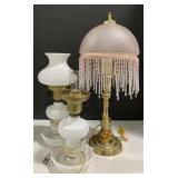 (Q) Pink Glass Shade W/beads Lamp & Milk Glass