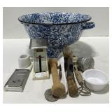 (Q) Enamel Colander and Vintage Kitchen Utensils