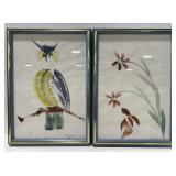 (Q) Water Color  Owl and Flower Signed 16.5"x12"