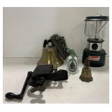 (Q) Lot of bells, thermometer, Coleman personal