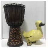 (H) Carved Djembe Drum and Plaster Duck
