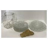 (AK) Glass Pitcher, Plates, and Marble Spoon Rest