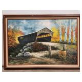 (AK) Oil Painting Covered Bridge 41" x 28"