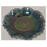 (AK) Vintage Carnival Glass Ruffled Blue Diamond