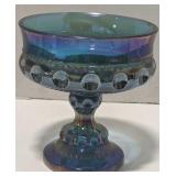 (AK) Vintage Carnival Glass Blue Coin Dot Compote