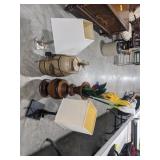 (H) Lot of 3 table lamps and wooden flower