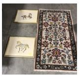 (AN) lot of 2 silk artworks and rug measuring 60"