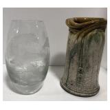 (AN) Glass dolphin flower vase and pottery jar