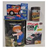 (E)  Vtg  Ragged Ann & Andy garage can, Kelloggs
