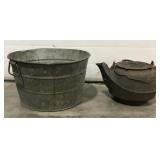 (U) Antique Metal Wash Tub & Cast Iron Kettle