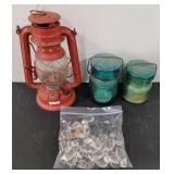 (U) 2 Vtg Blue Turquoise Glass Jars 5" & 4" ,