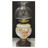 (V) Oil Lamp Flowers Hand Painted 17" Tall